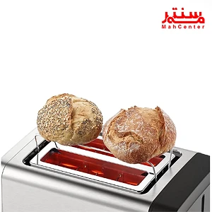 توستر نان استیل با دو نان گرد در حال تست، مناسب برای آماده‌سازی نان ترد و داغ.